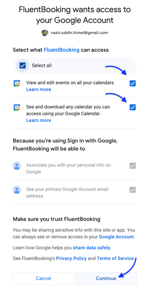 fluentbooking google calendar permissions